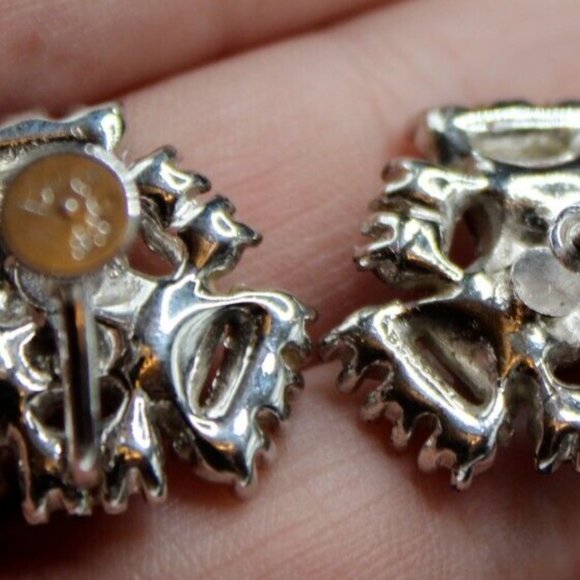 Vintage 1920s Henry Bogoff Clear & Topaz Rhinestone Screw Back Earrings Pair - Picture 4 of 4